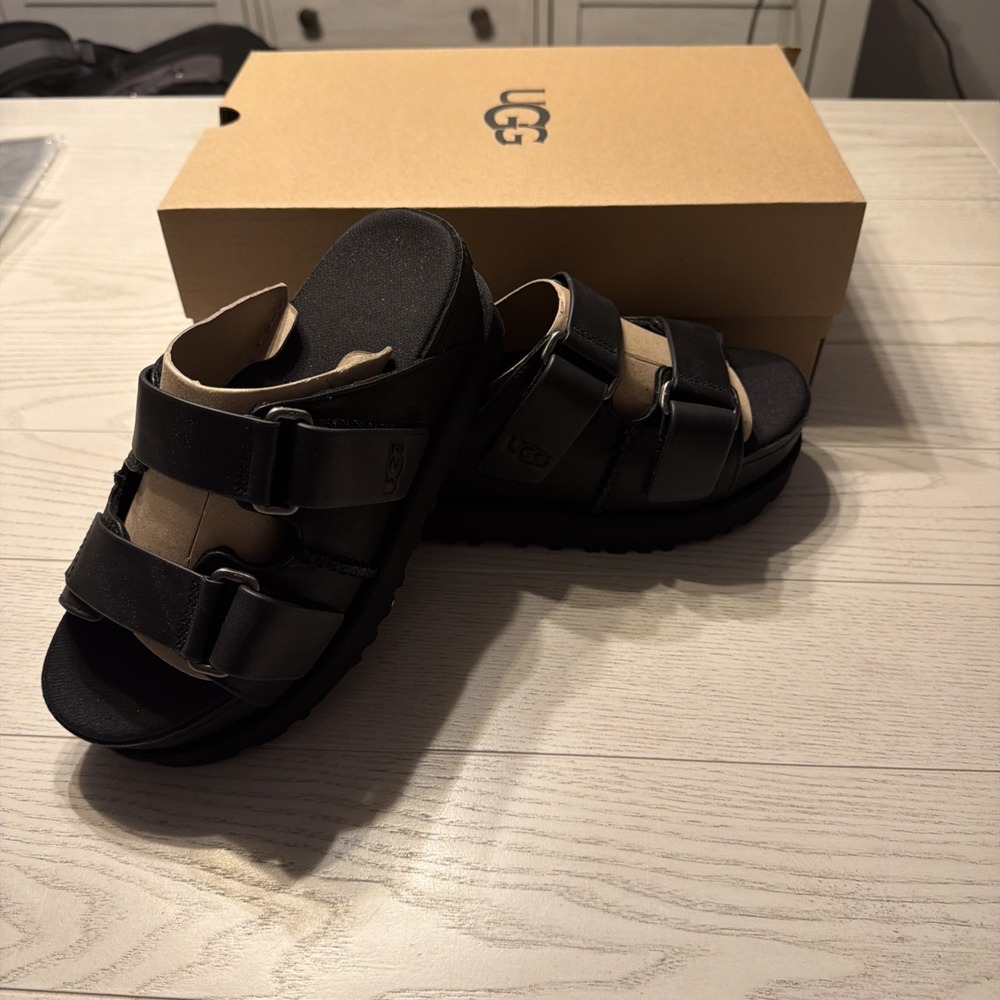 Ugg Goldenstar Hi Slide Platform Black Leather Sandals Women 5.5 1152651